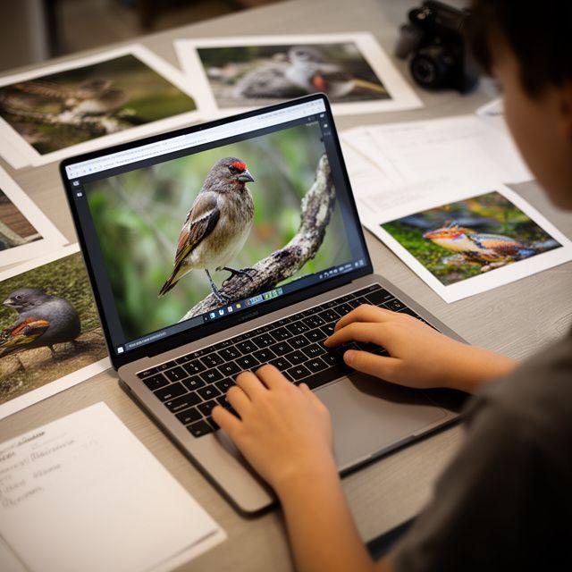 Student selecting a bird photograph on a laptop beside printed wildlife images and camera notes