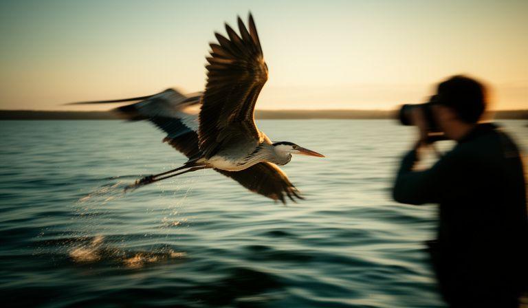 Photographer tracking a flying heron over open water during a golden-hour birding workshop