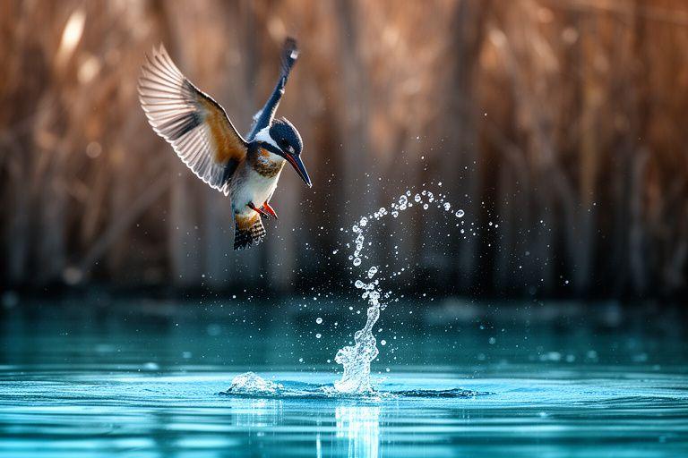 Belted kingfisher diving toward the water surface with droplets suspended mid-air