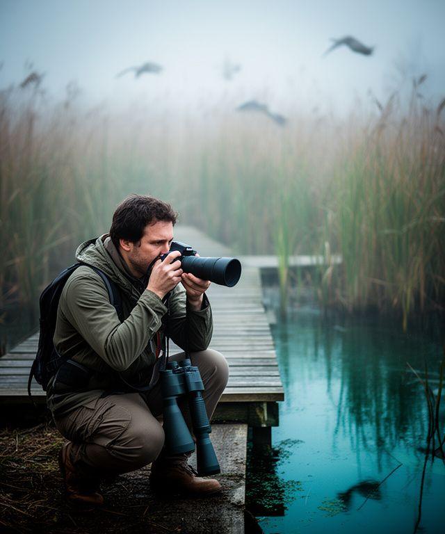 Instructor crouching with camera and binoculars near a wetland boardwalk with reed beds behind