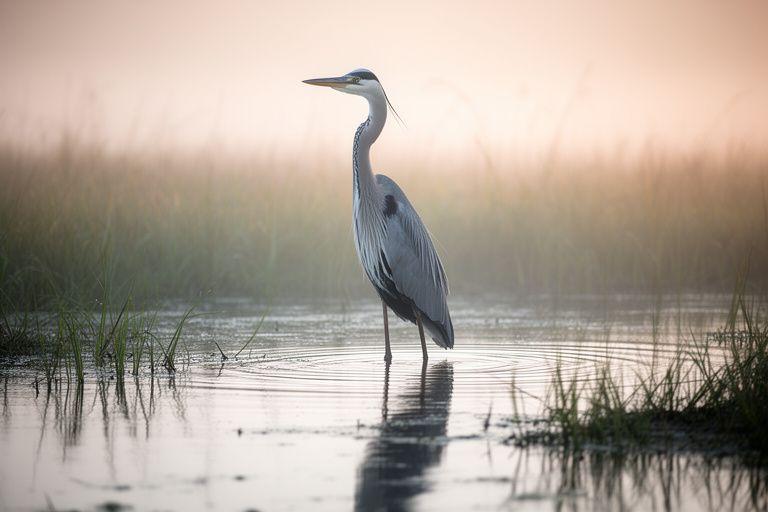 Great blue heron standing in shallow wetland water at dawn, lit from behind by a pale sunrise