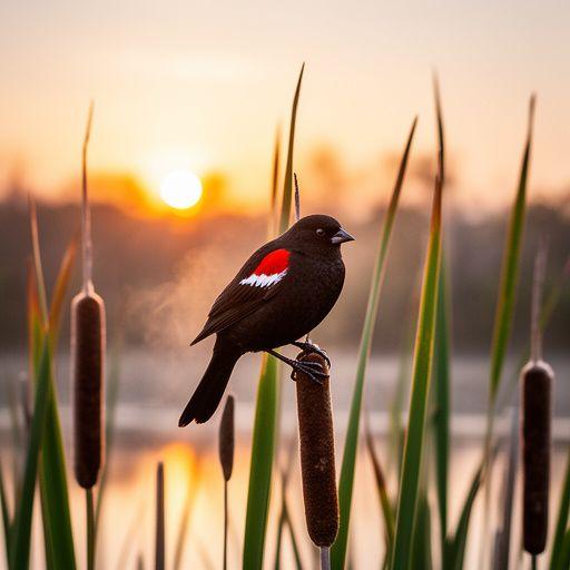 Red-winged blackbird perched on cattails at sunrise photographed by Saumye Rudkin