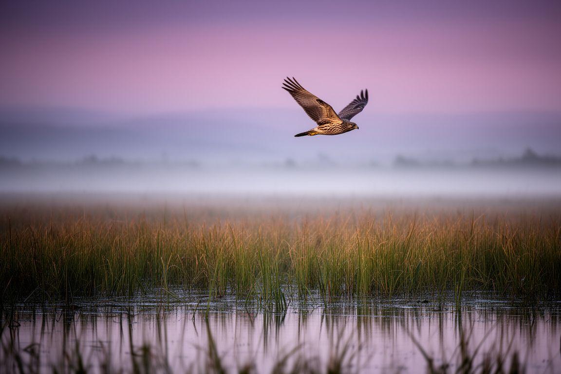A sharp bird in flight above wetland reeds at dawn near Toronto, with soft water reflections and layered sky