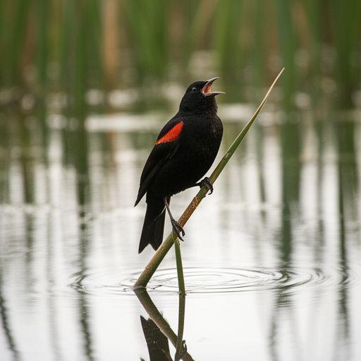 Red-winged blackbird singing from a reed stem beside still marsh water