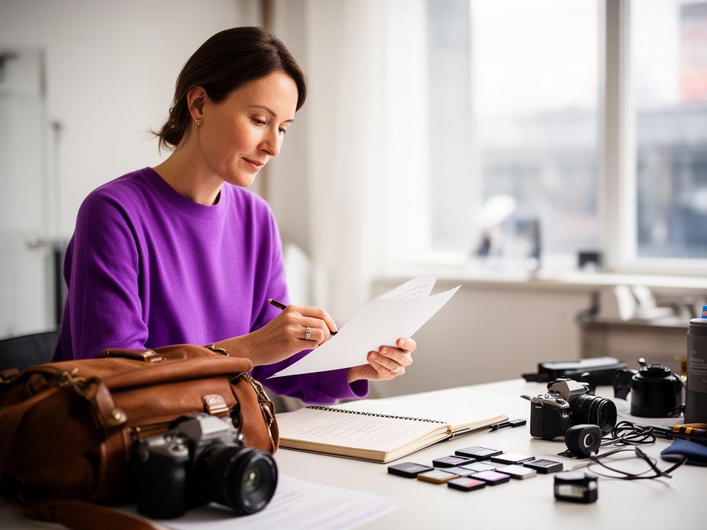 Bird photography instructor reviewing consent forms beside a camera bag and notebook in a bright Toronto studio