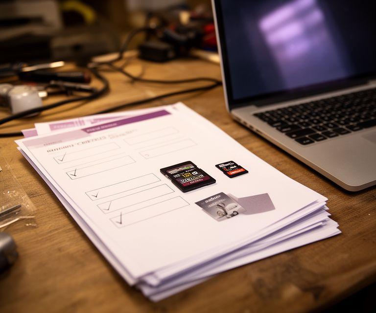 Close-up of a privacy checklist, camera memory cards, and a laptop on a wooden table in a workshop office