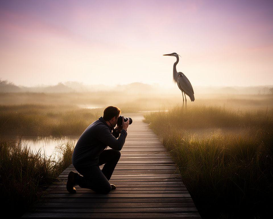 Bird photographer kneeling beside a marsh boardwalk at sunrise, camera trained on a heron in soft morning light