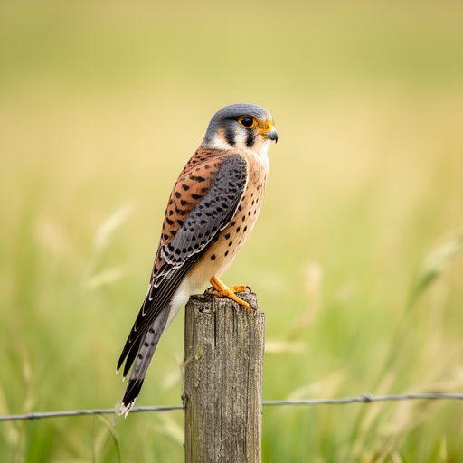 American kestrel perched on a fence post with grassland blurred behind it