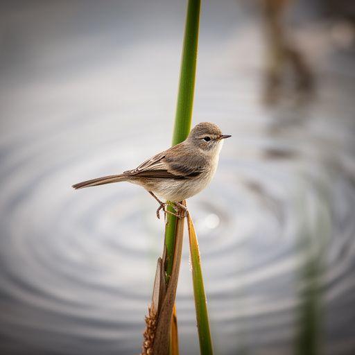 Small songbird balancing on a reed with soft blurred water behind photographed by Etleva Thamer