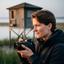 Kodjo Batton holding a camera beside a shoreline hide with a focused expression