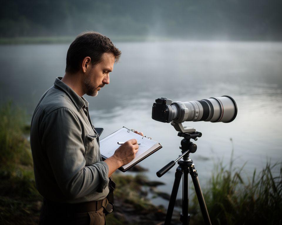 Bird photography instructor reviewing workshop notes beside a telephoto lens on a quiet lakeshore