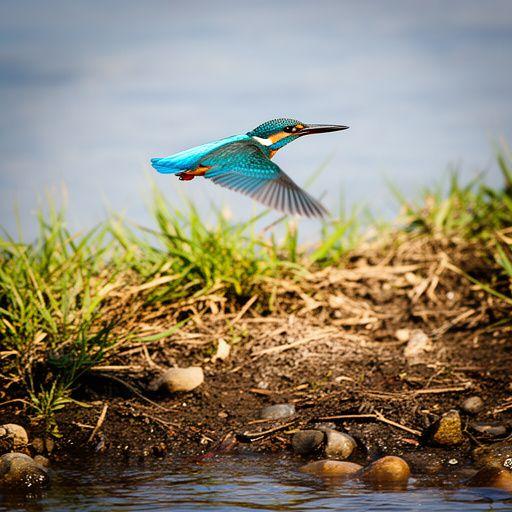 Kingfisher hovering over a riverbank with bright blue plumage photographed by Jannelle Abi