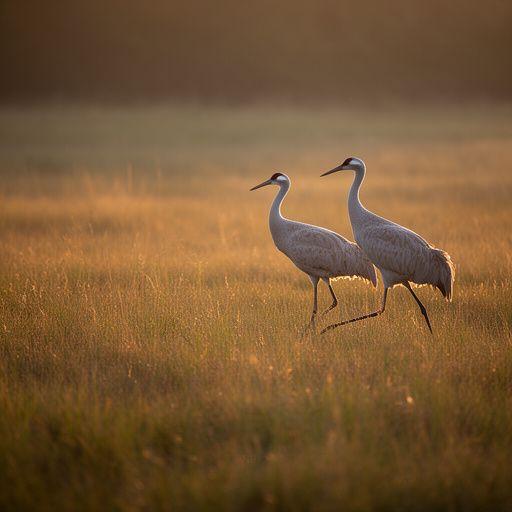 Pair of sandhill cranes walking through a grassy meadow with warm evening light