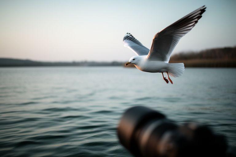 Telephoto lens tracking a gull in flight above rippling water with a shallow dawn sky