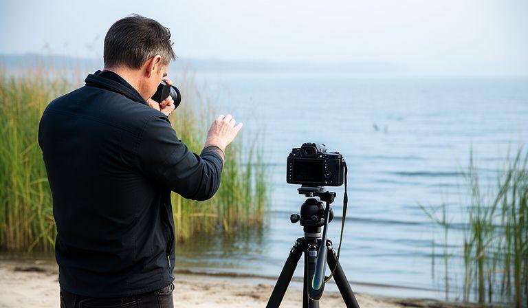 Instructor demonstrating bird photography basics beside a calm shoreline with a student camera setup