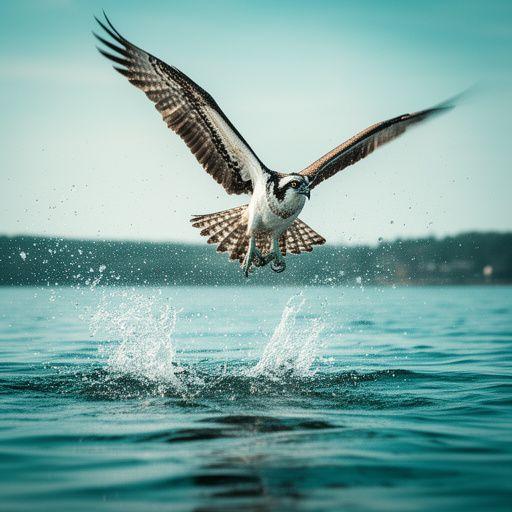 Osprey diving toward lake water with spray frozen in motion photographed by Yadvinder Hei