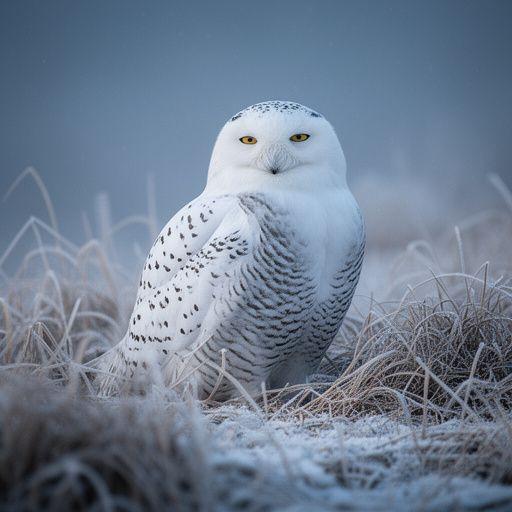 Snowy owl with pale feathers against winter grass photographed by Hatice Sulo
