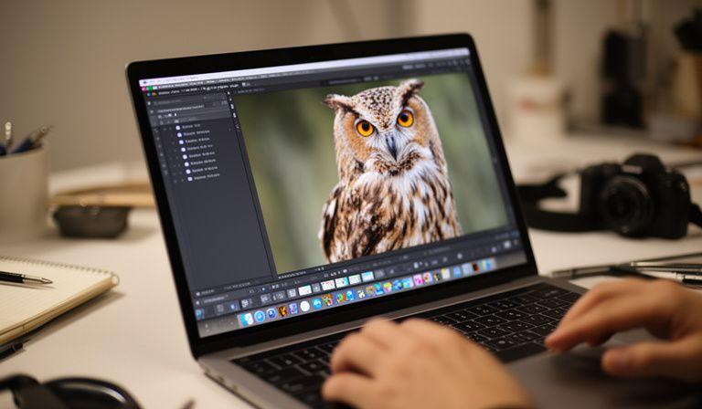 Laptop screen showing wildlife photo editing with a detailed owl image in a quiet studio workspace