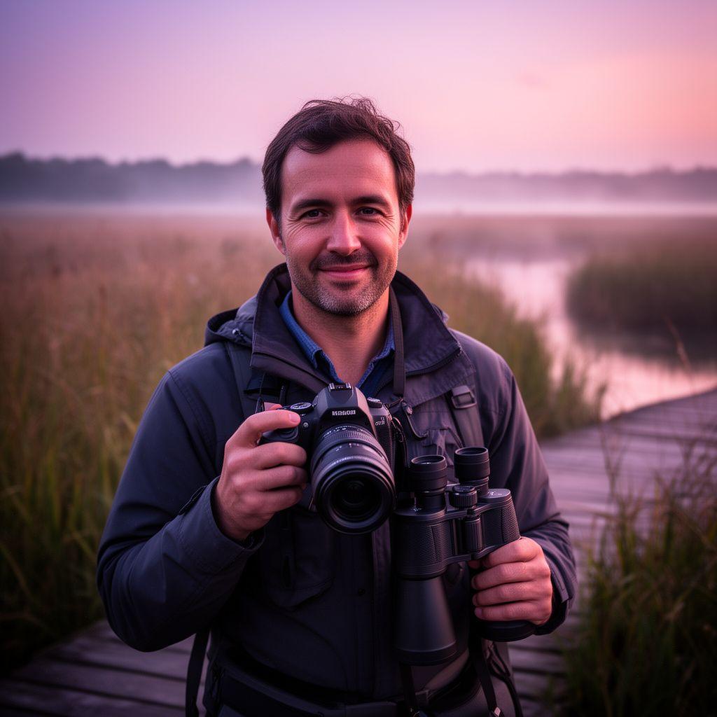 Head-and-shoulders portrait of the lead bird photography instructor holding a camera and binoculars beside a marsh at dawn