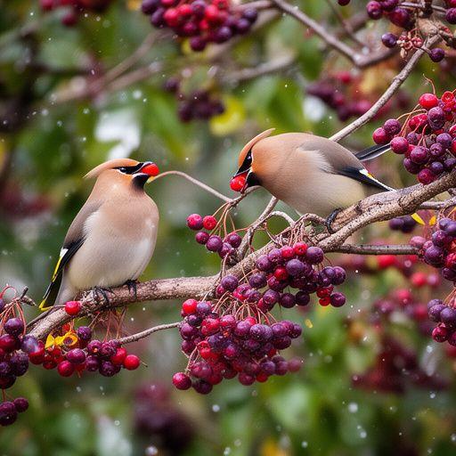 Pair of cedar waxwings feeding in a berry tree photographed by Kodjo Batton