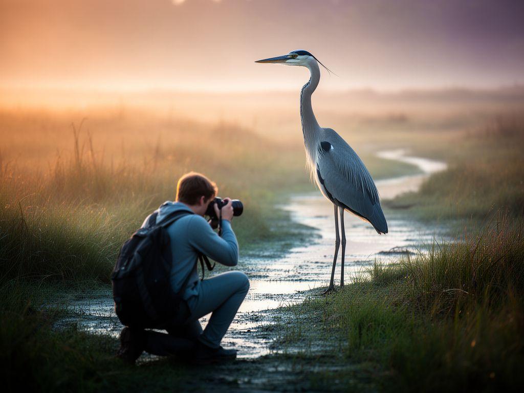 Student photographer kneeling beside a marshland trail at sunrise, framing a heron in soft morning light