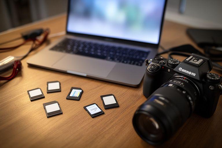 Laptop screen showing a wildlife photo editing workspace beside a camera and memory cards on a wooden desk