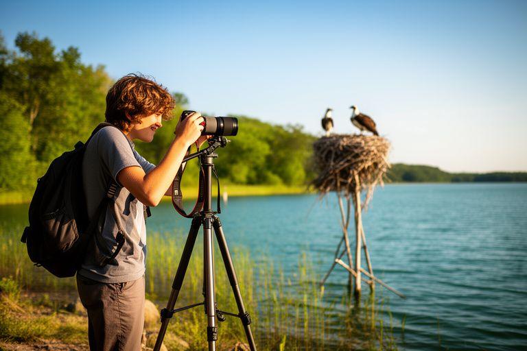 Student photographer beside a lakeshore tripod setup photographing an osprey nest on a bright summer afternoon