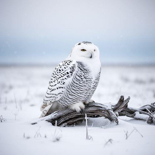 Snowy owl perched on a driftwood post in a snowy field with a pale winter sky