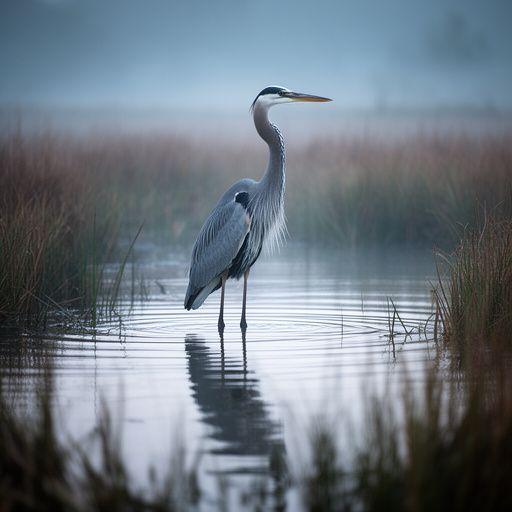 Great blue heron standing in shallow marsh water photographed by Clara Desjardins