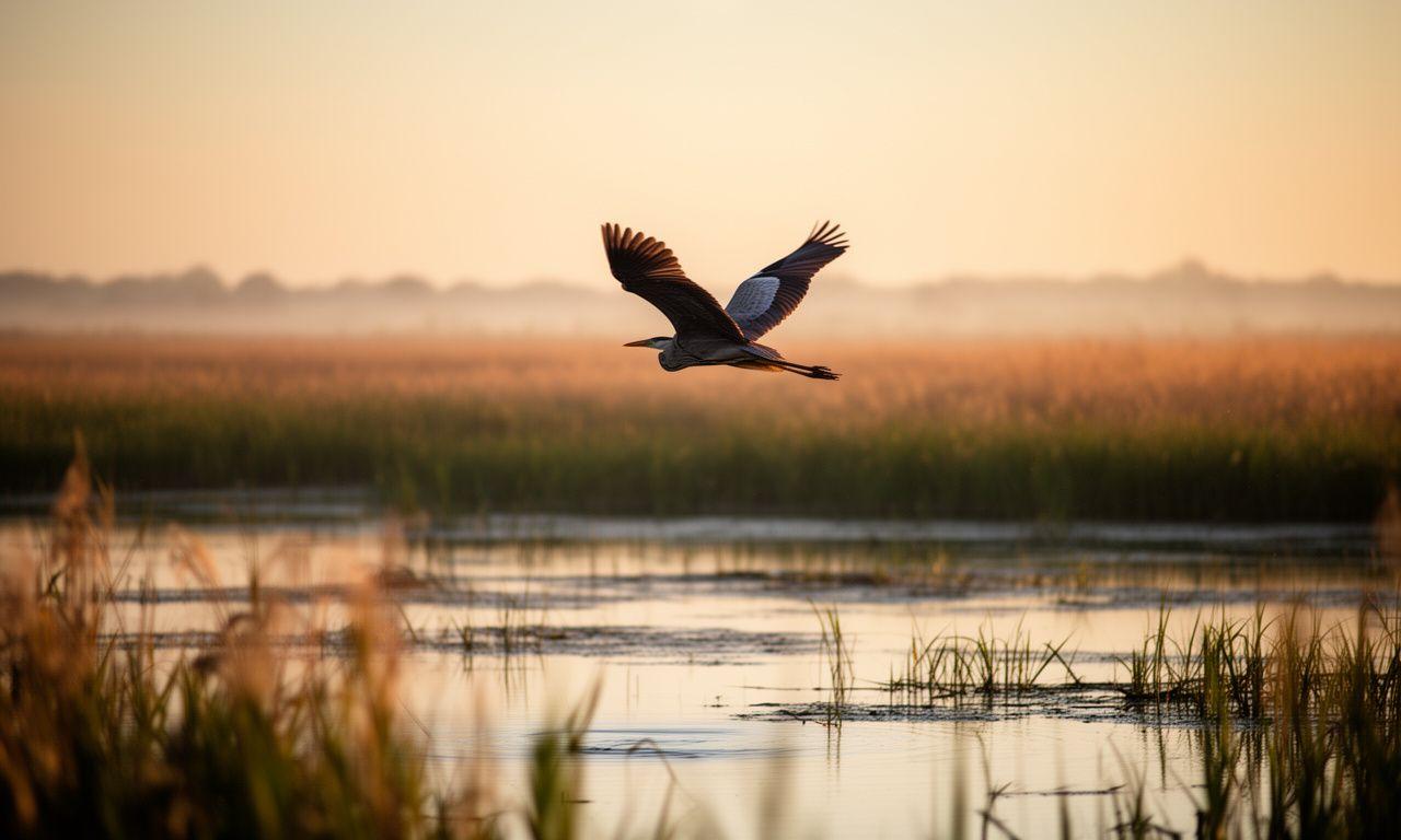 Bird in flight above a Toronto wetland at sunrise with soft water reflections