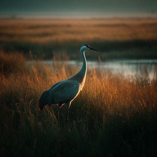 Sandhill crane in grassy wetland captured with low evening light photographed by Royaume Laking