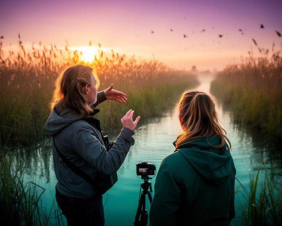 Bird photography coach guiding a student beside wetlands at sunrise in Toronto