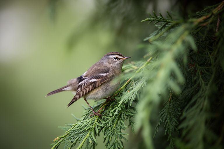 Early spring warbler perched in a cedar tree at a Toronto park edge with soft green foliage